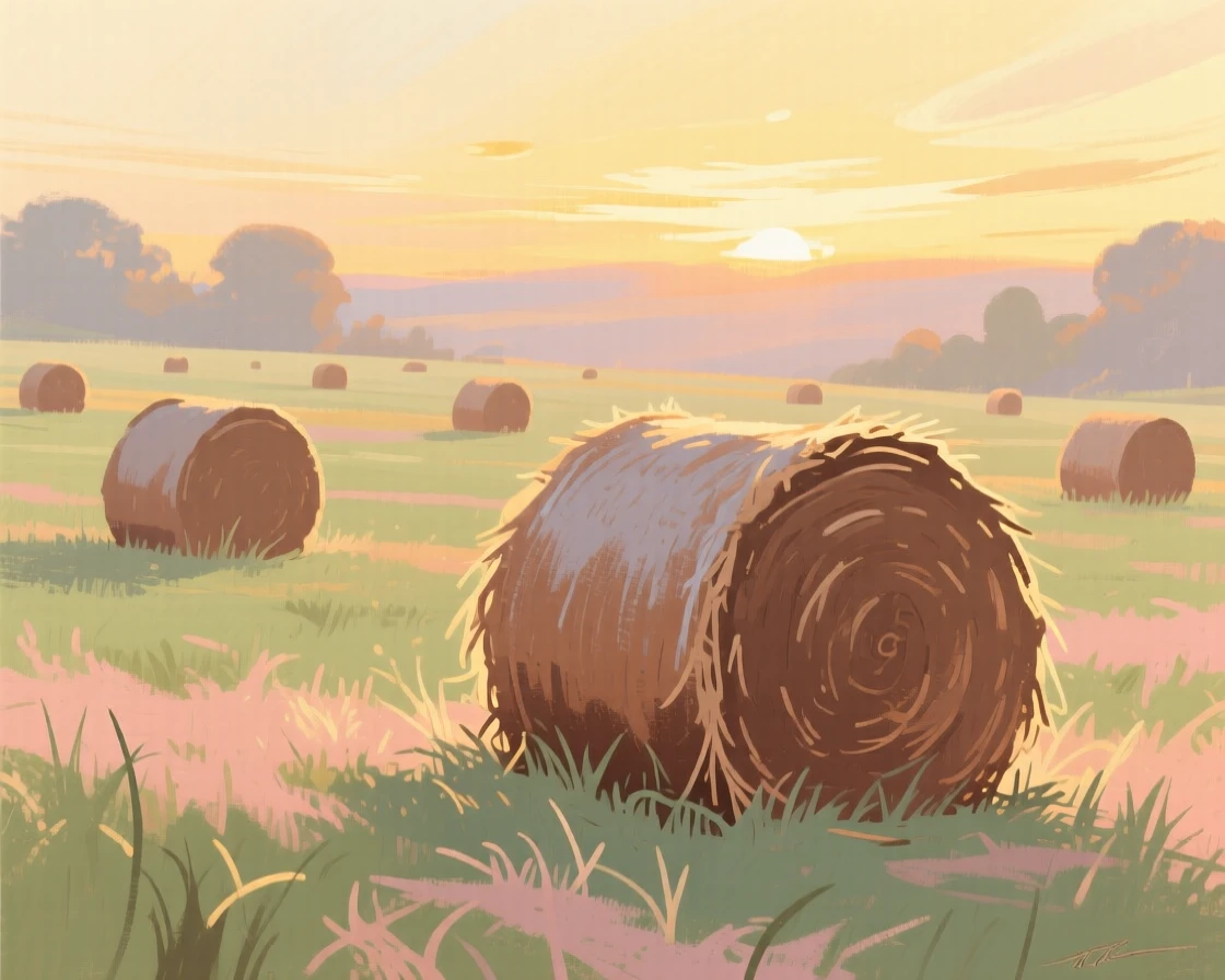 A field of hay bales scattered beneath a golden evening sky