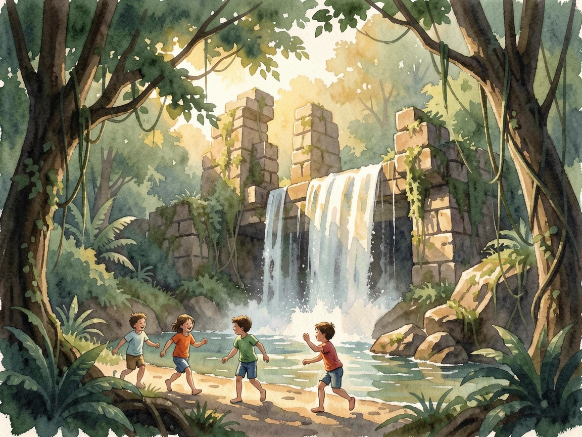 A jungle waterfall hidden behind ancient ruins at sunrise with children playing nearby.