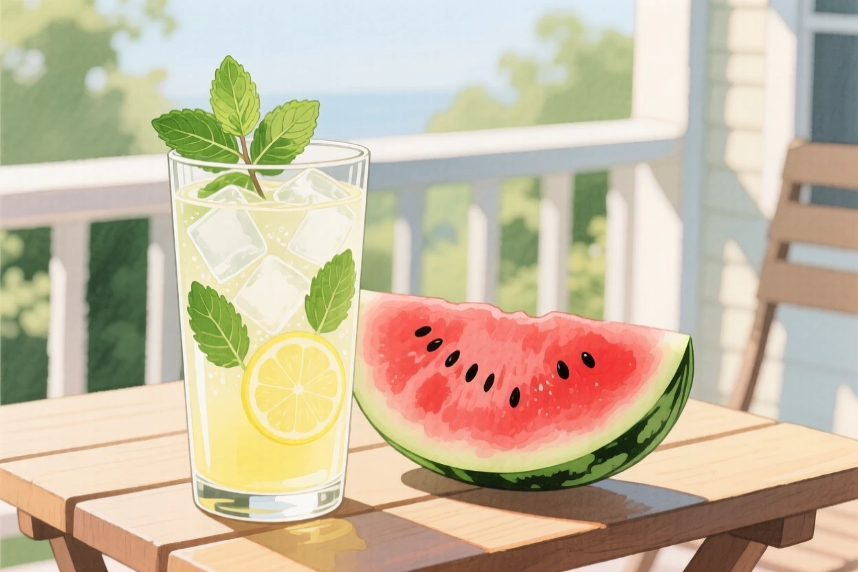 A tall glass of iced lemonade with mint leaves sits on a sunny porch table beside a slice of watermelon