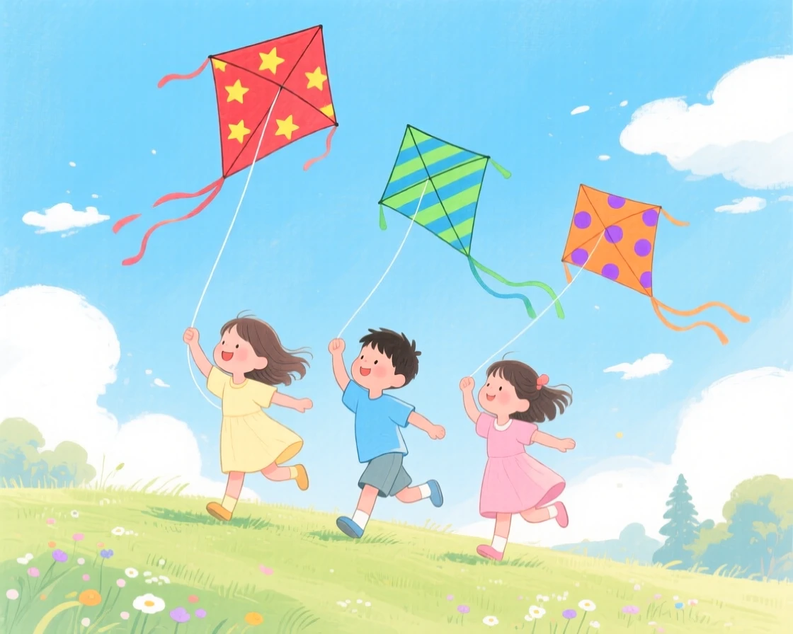 A heartwarming holiday moment: children flying colorful kites on a breezy summer afternoon.