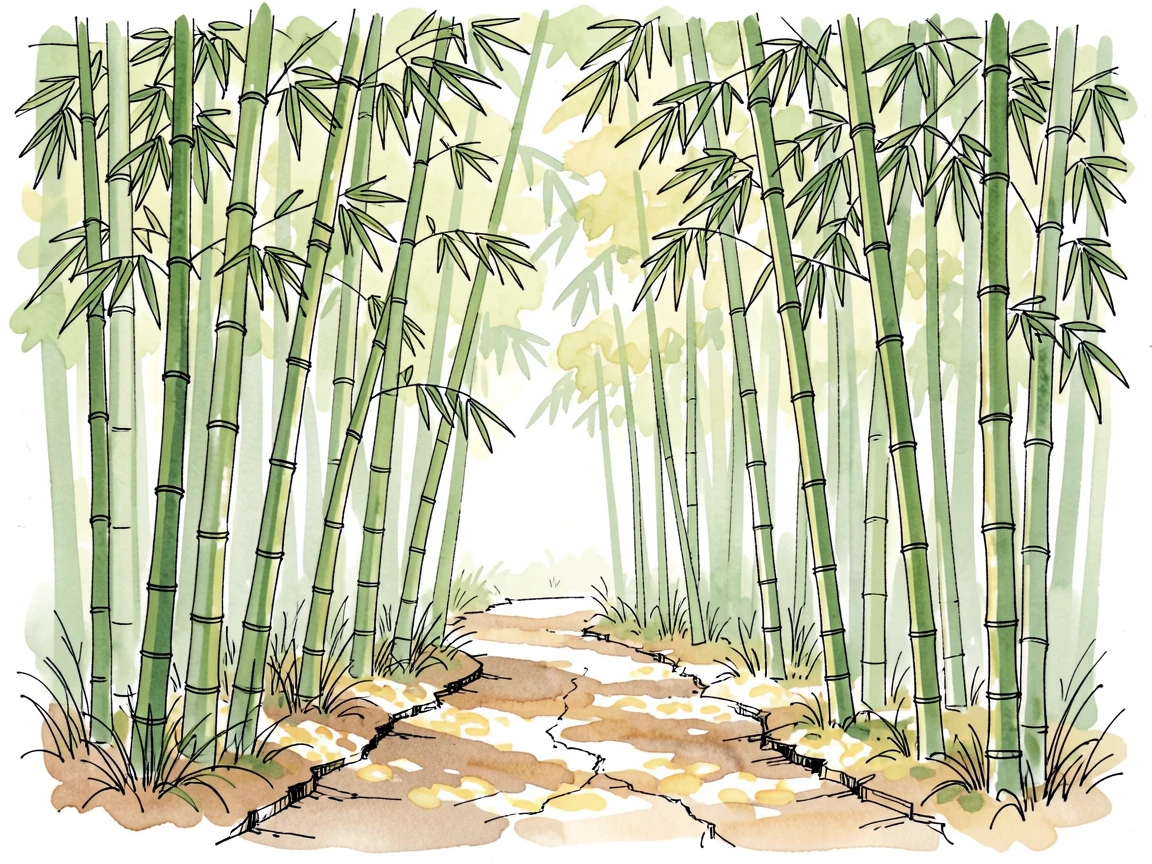 A quiet bamboo grove with tall green stalks swaying, dappled sunlight breaking through onto a narrow dirt path