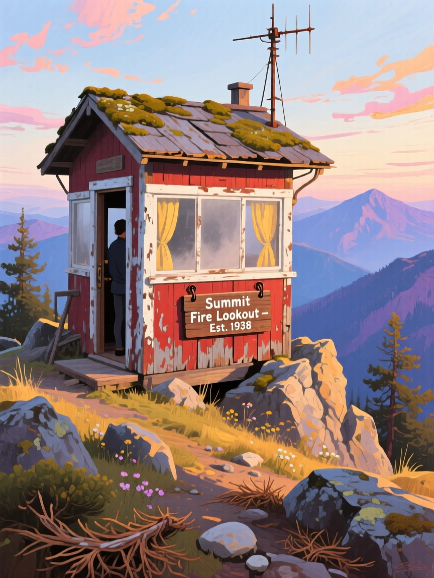a weathered fire lookout on a remote summit, during a quiet late afternoon, from an inviting eye-level viewpoint.