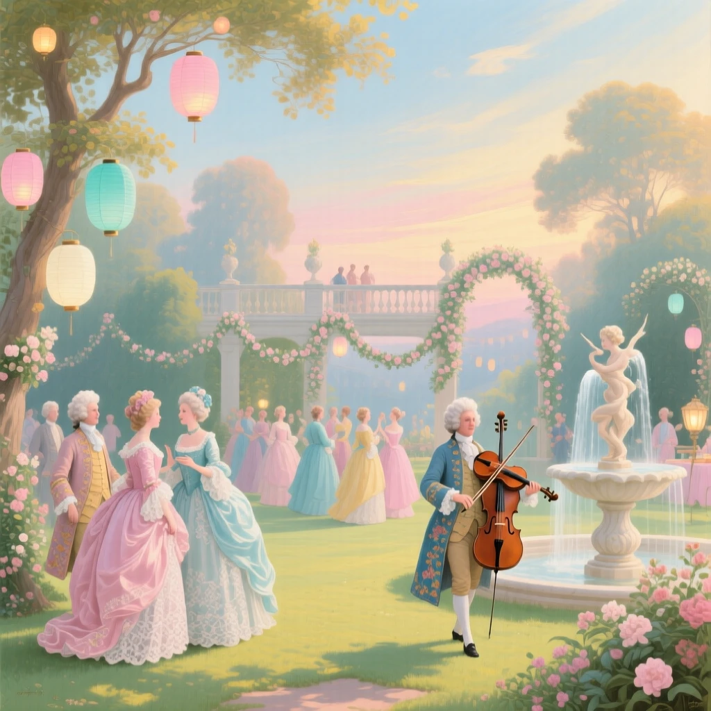 A garden fête with guests drifting across lawns beneath lantern-strung trees  