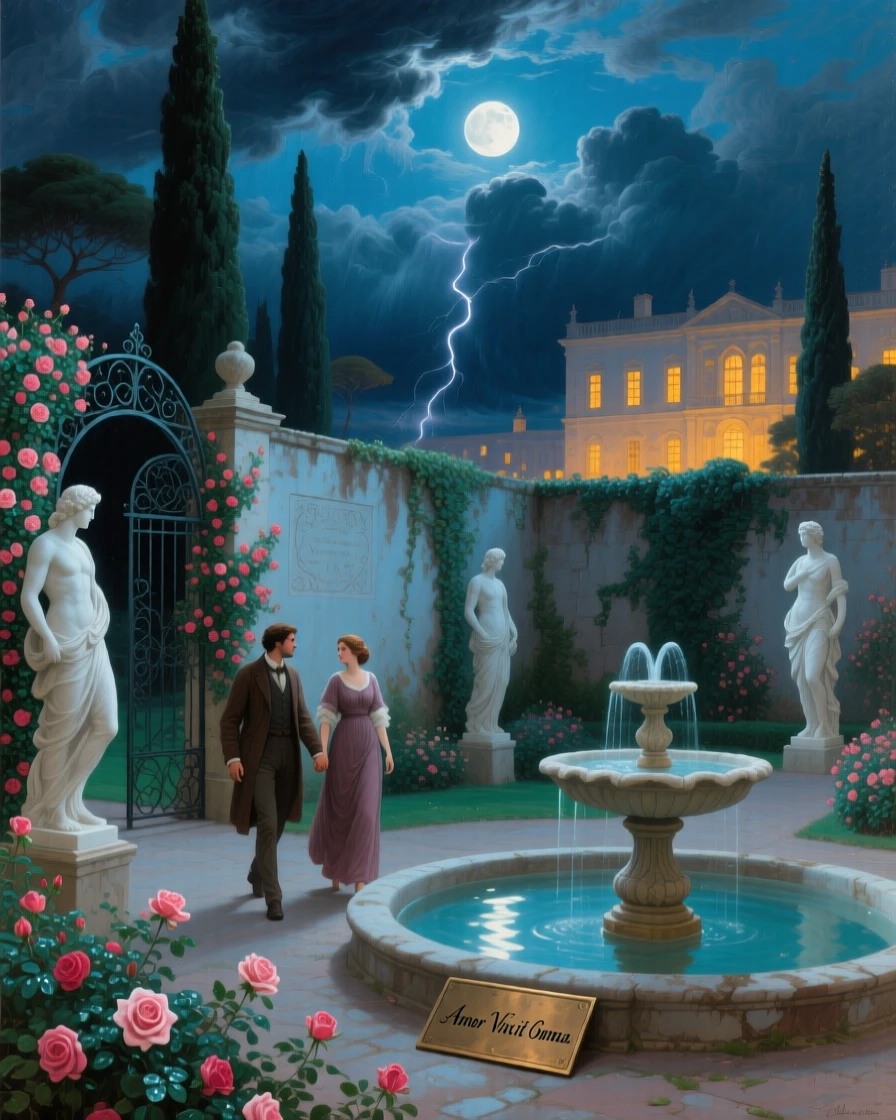 At the edge of a storm, Two lovers in a moonlit walled garden, walking hand in hand beside a fountain, surrounded by climbing roses, marble statues, and a palace glowing beyond the cypress trees; a break in the clouds illuminates the central figures, the image captures resolve in the face of the unknown.