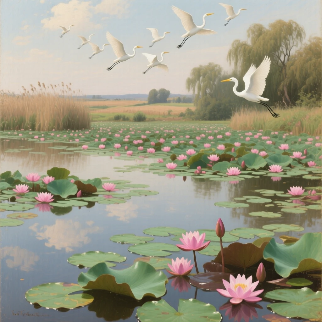 A tranquil pond covered in blooming pink lotus flowers, as birds circle gracefully overhead, evoking a profound sense of scale, silence, and wonder