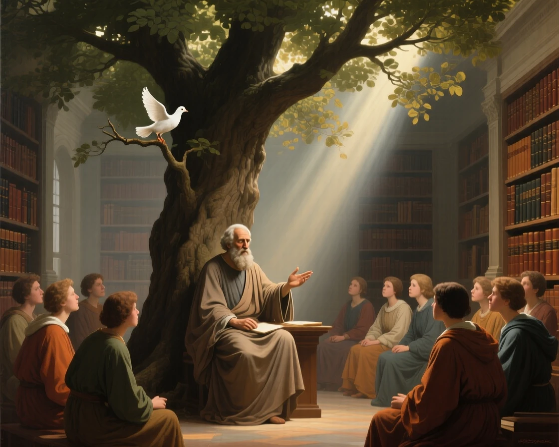 A philosopher teaching students beneath the shade of an ancient tree as ancient wisdom passes gently to the next generation, set within an ancient library devoted to timeless questions, with a single dove or beam of light marking the sacred moment; the composition places the central figure within a halo of natural light, filled with serenity and the quiet dignity of devotion.