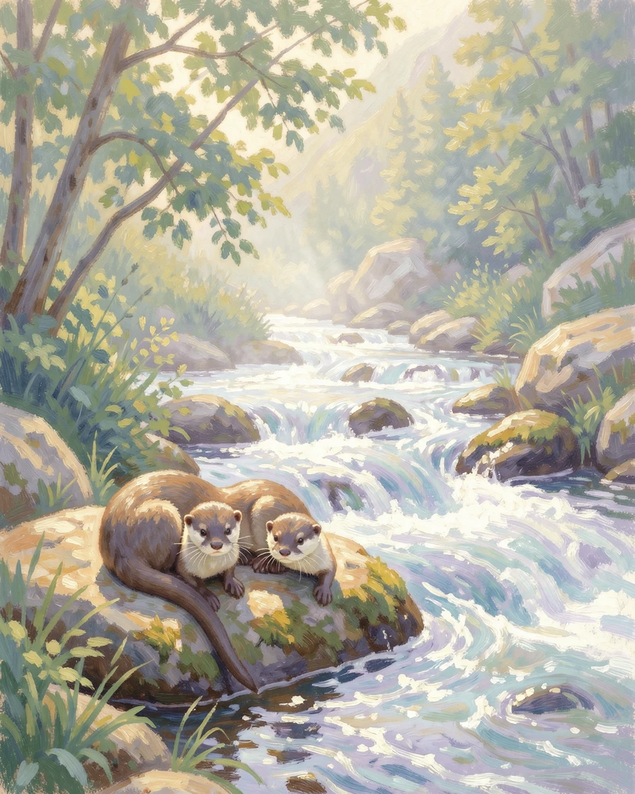 A family of otters resting on a sun-warmed rock beside a rushing mountain stream.