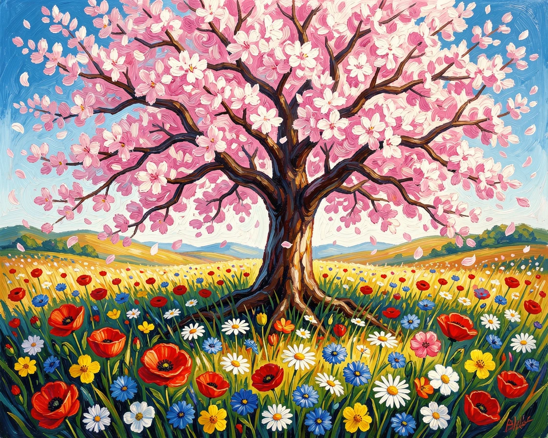 A meadow of wildflowers beneath a cherry blossom tree in full bloom, petals drifting on a spring breeze.