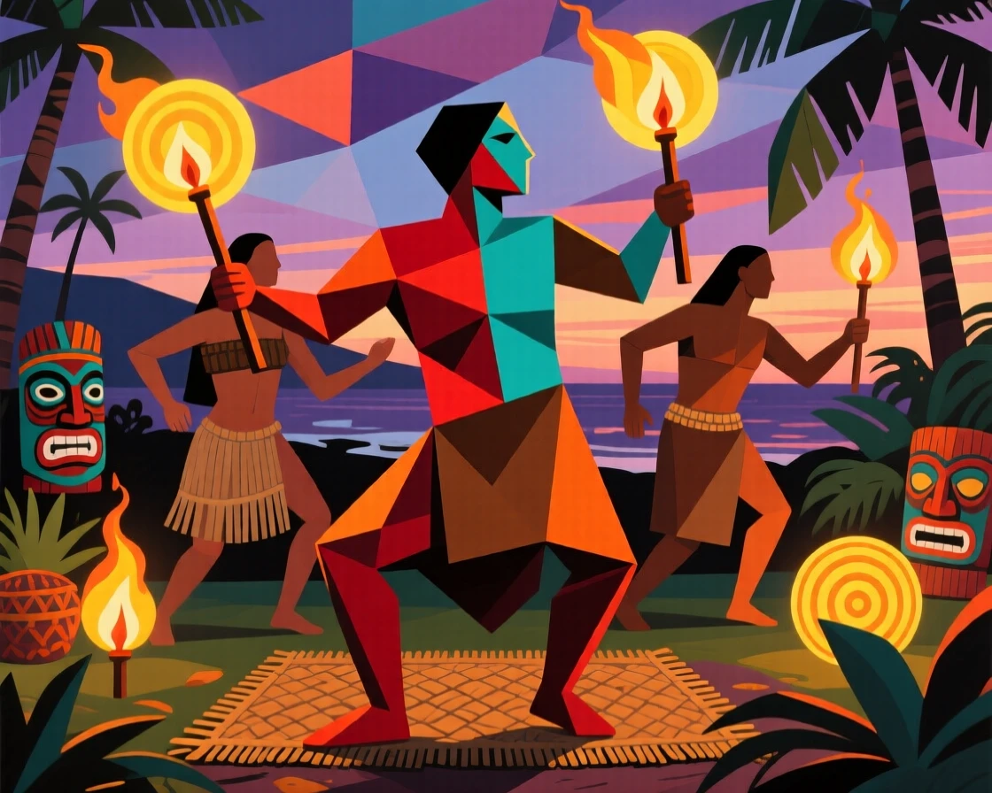 A vivid historical scene depicting a traditional Hawaiian luau with dancers and glowing torches at dusk.