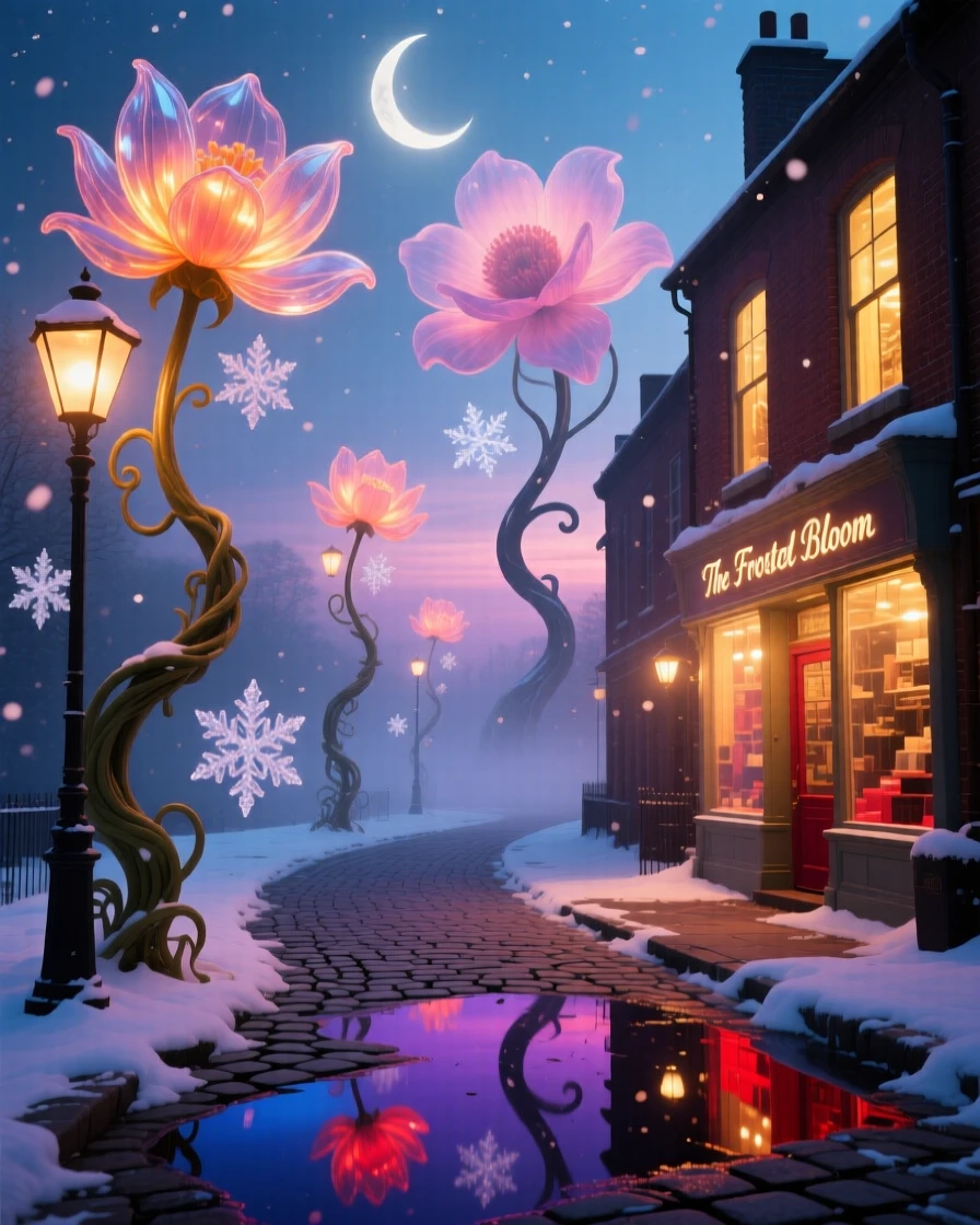 A city street where lampposts bloom like tall glowing flowers feels warm, familiar, and just slightly impossible, as soft snow drifts silently past warmly lit windows.