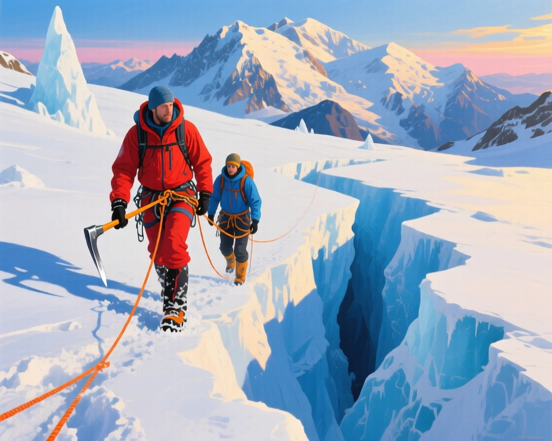 A dramatic winter scene atop Mont Blanc shows a mountaineer roped to a guide crossing a crevasse field, ice axes glinting in low sun, jagged seracs casting long blue shadows across the pristine snowfield.