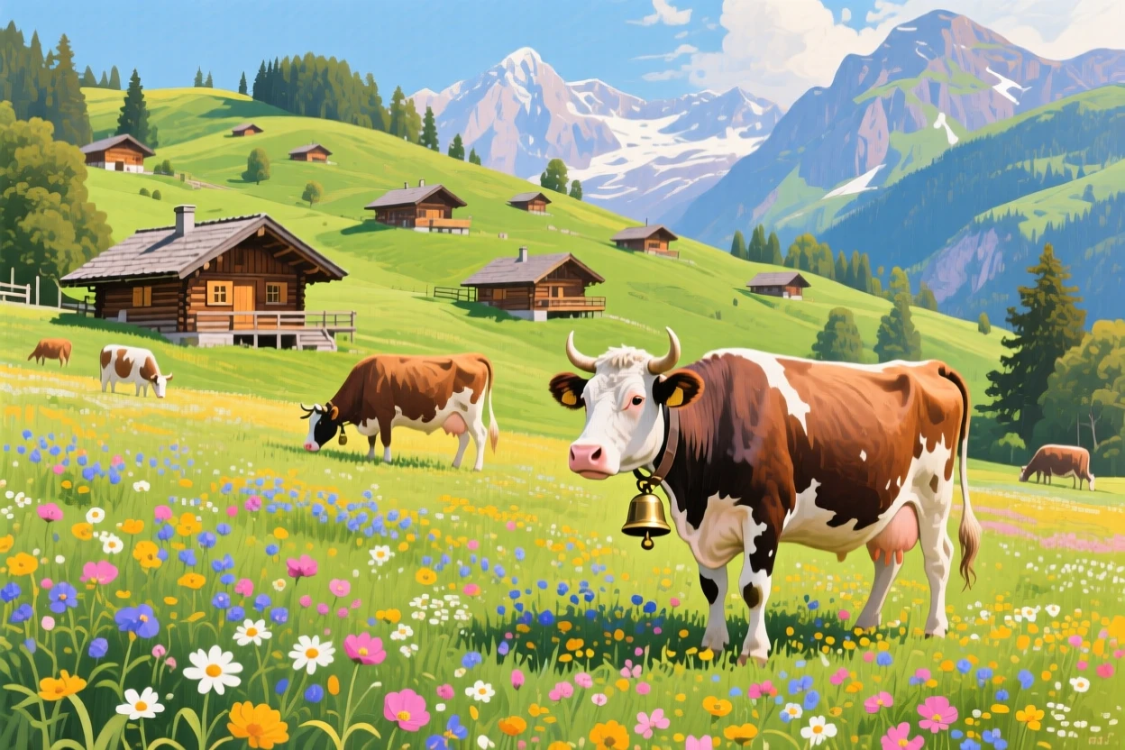 A wildflower meadow in the Alps with grazing cows wearing bells, wooden chalets dotting the green hillside below