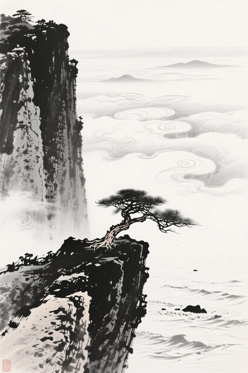 a steep cliff face, rising above a sea of clouds, with a lone pine clinging to a rocky outcrop.