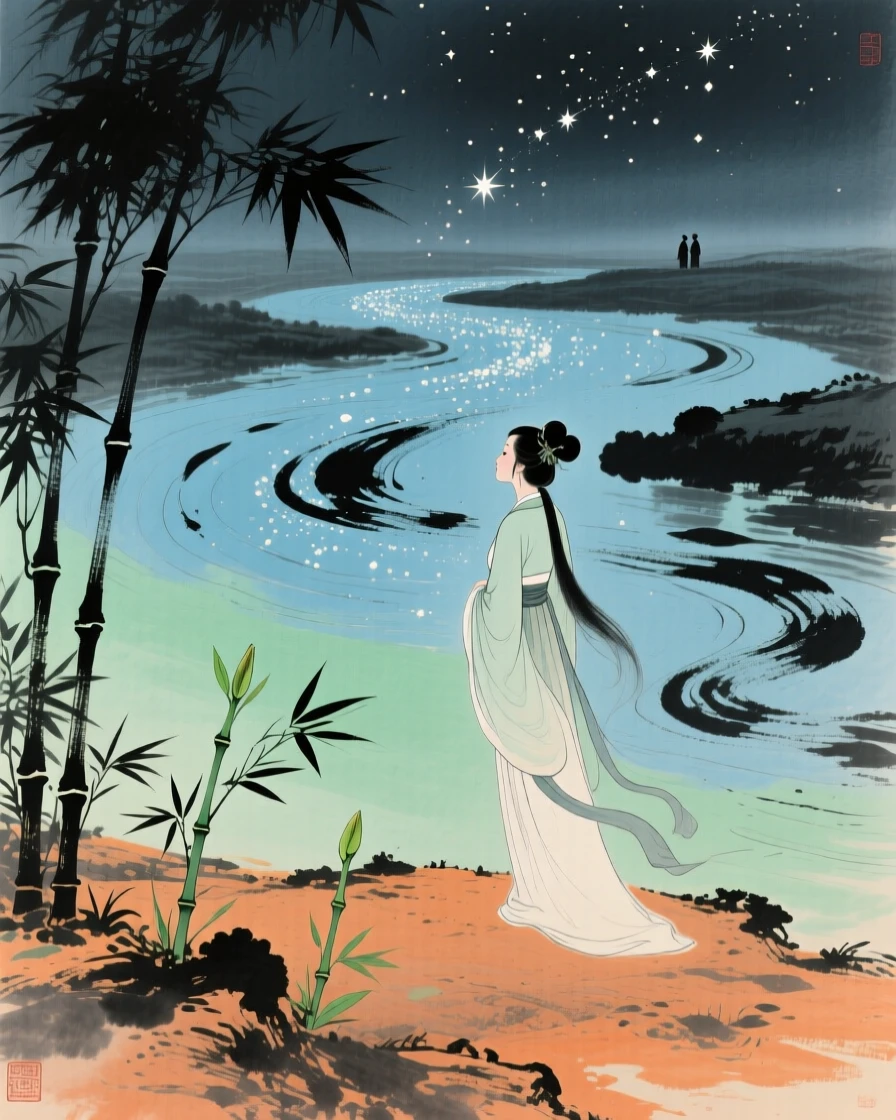 The weaver girl gazing across a river of stars toward her distant love, in the last golden light of day, as new bamboo shoots break through the soil.