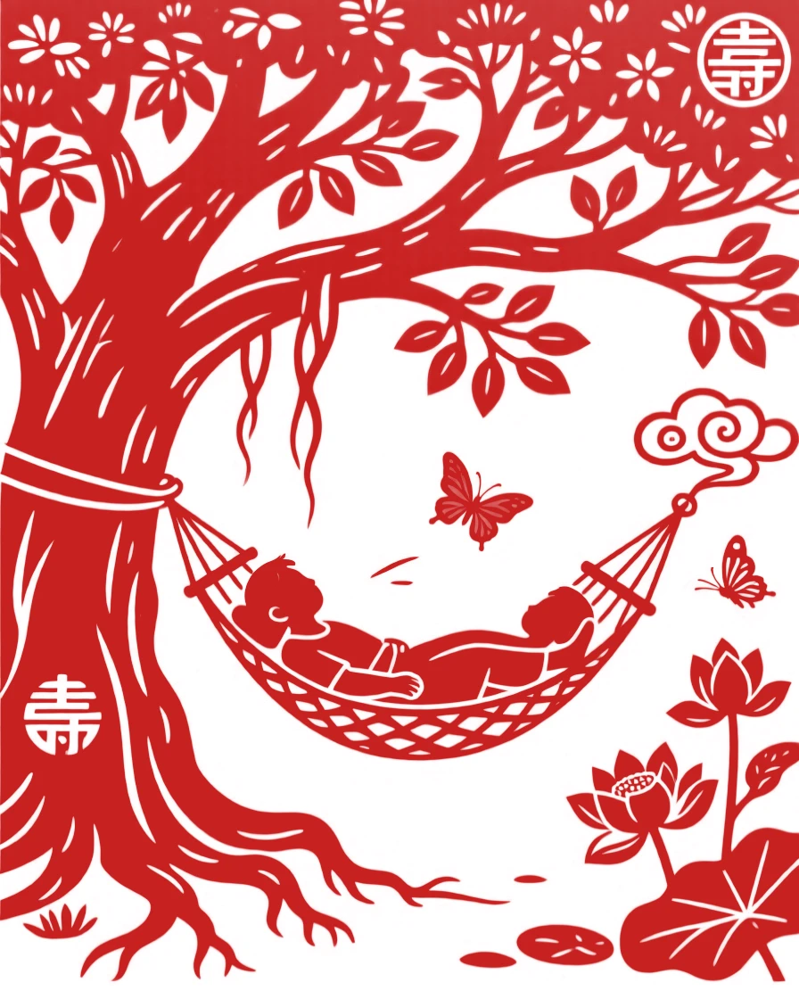 A summer afternoon nap scene beneath a shady banyan tree, a hammock swaying gently in the breeze