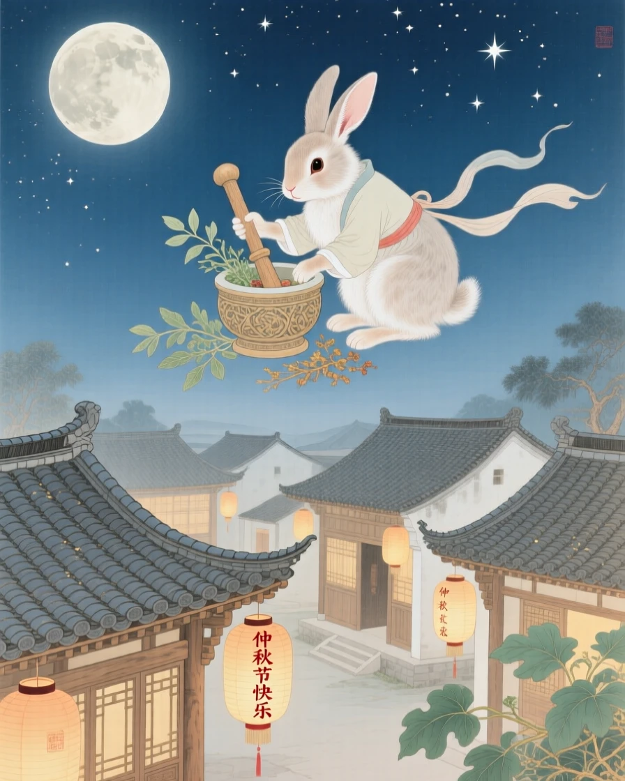 A moon rabbit pounding herbs with a small mortar and pestle above a village during a starlit festival