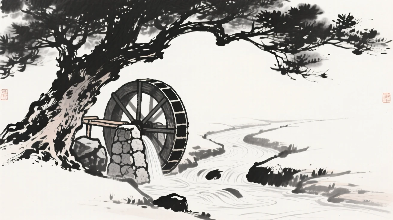 An old stone waterwheel beside a stream beneath the shade of an ancient tree, framed symmetrically along a central path, capturing a serene blend of nature and human presence.