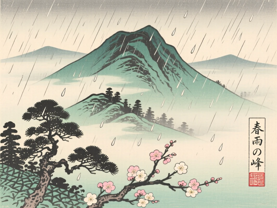 A mist-wrapped summit, wrapped in swirling morning fog, during a gentle spring rain.