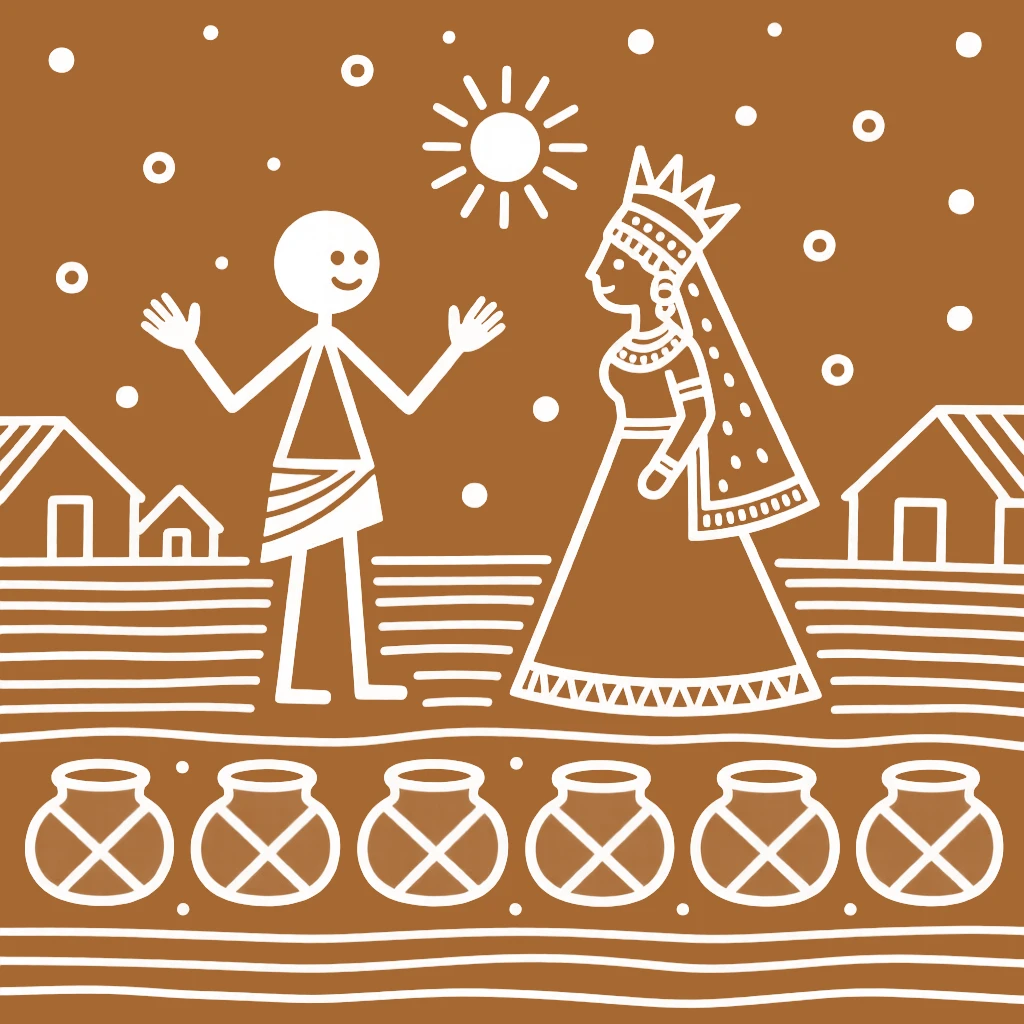 A village priest welcoming a new bride into the family by a row of clay pots drying in the sun.