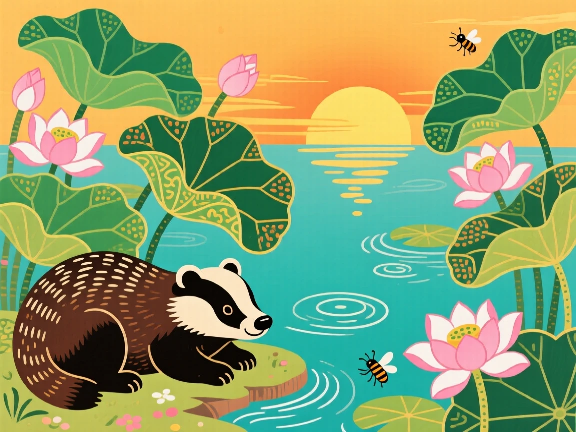 A badger resting beside a lotus pond, in the golden hour before sunset.