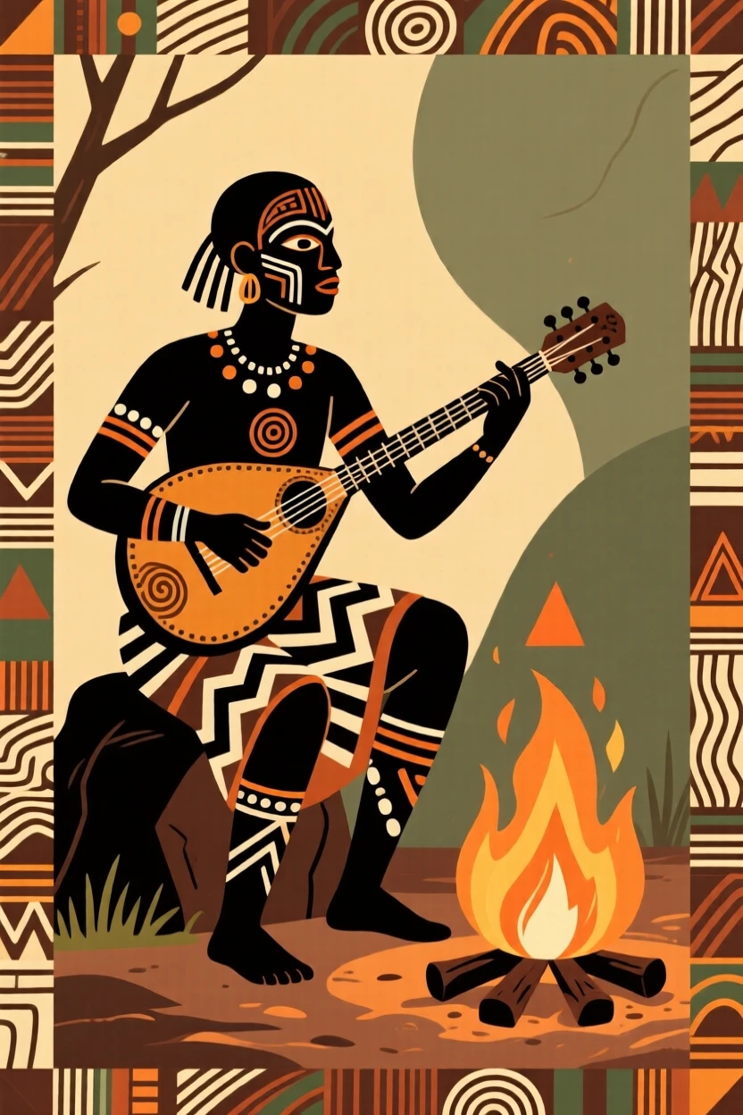 A musician playing a stringed instrument beside a fire.