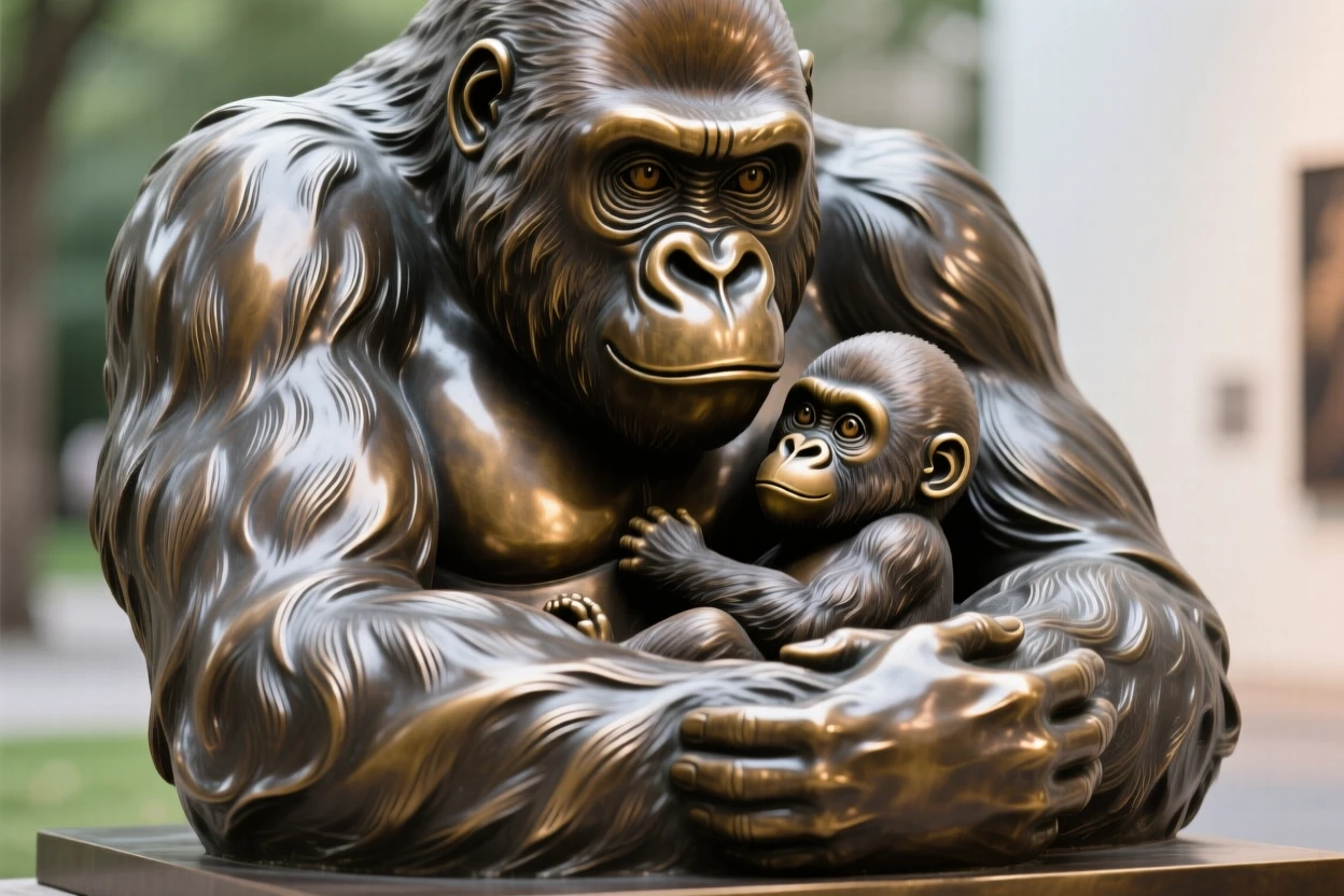 A gorilla gently cradling its young, with striking, expressive eyes, evoking wonder and majesty