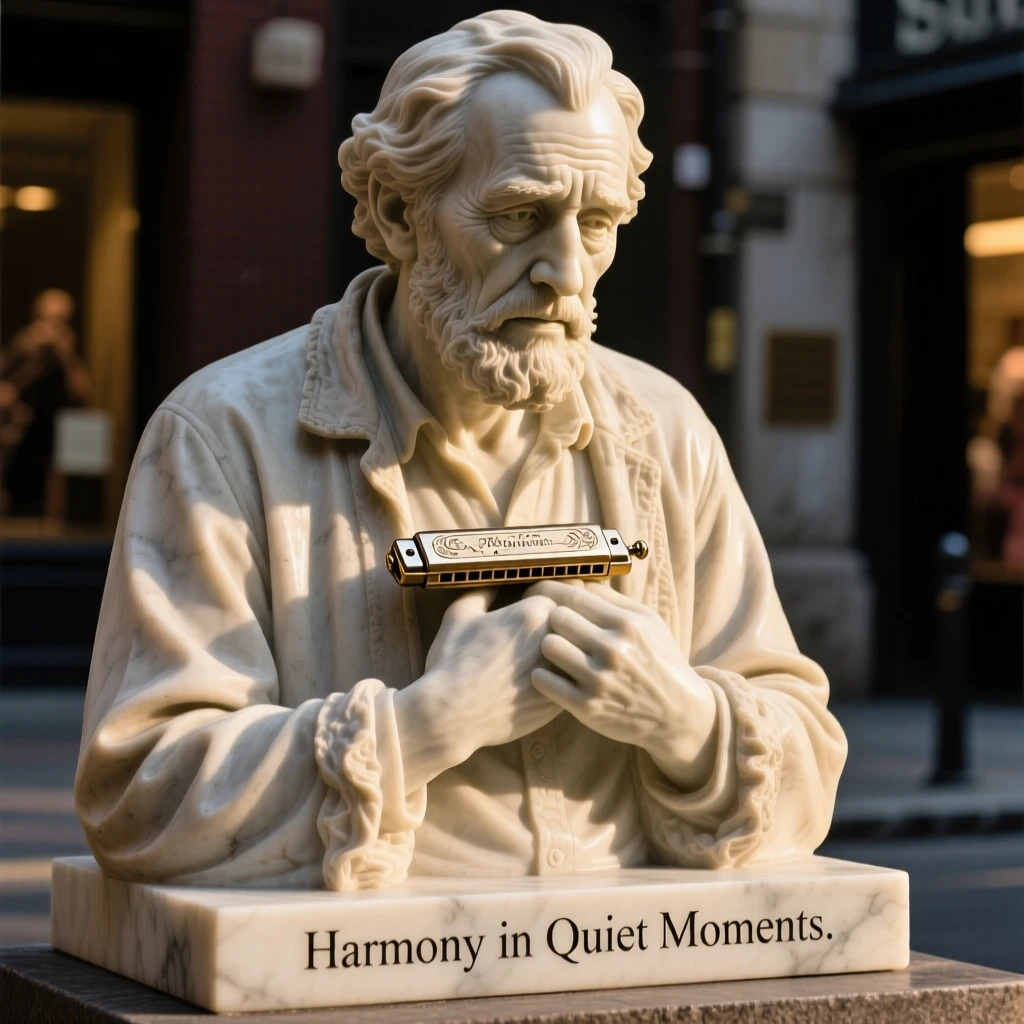 A close-up portrait of a street musician, cradling something precious close to their chest, bathed in golden hour light, radiating quiet emotion and dignity