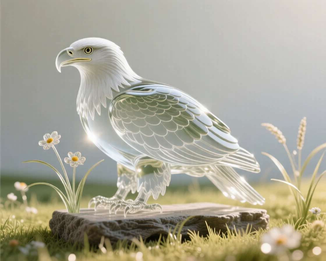 A bald eagle resting peacefully in a sunlit meadow scattered with wildflowers, a gentle breeze bending the grass, evoking warmth and tranquility.