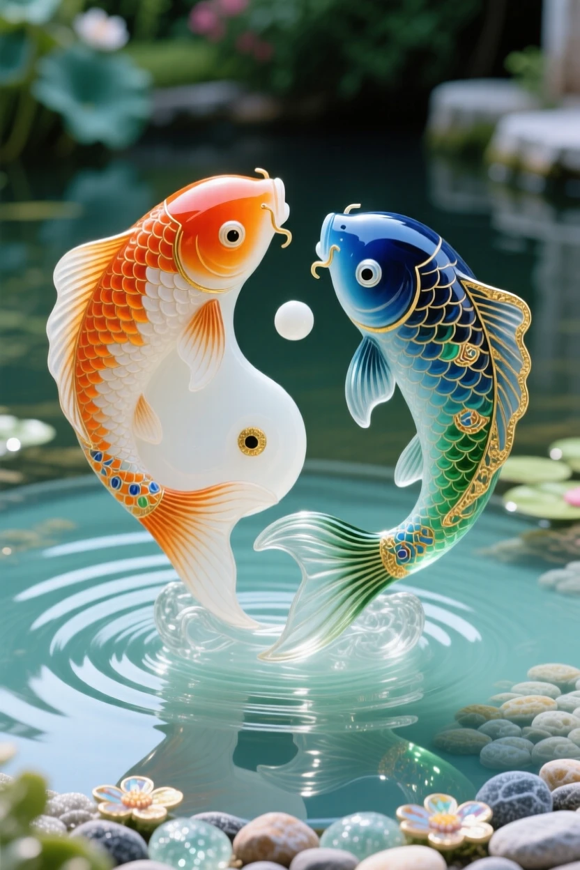 A pair of koi fish circling each other in a tranquil garden pond, forming a yin-yang shape, serene and harmonious, ripples spreading outward.