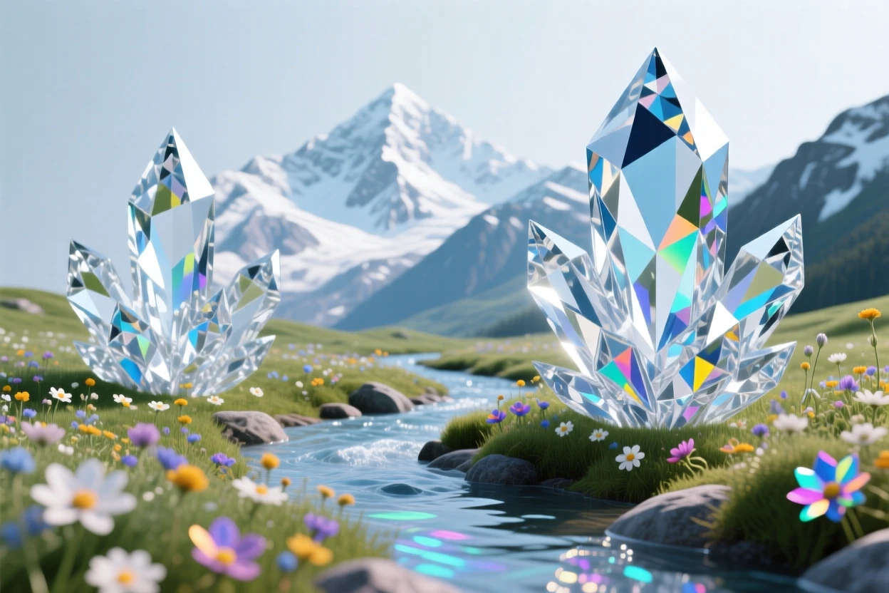 A quiet alpine meadow scattered with wildflowers, a crystal-clear stream winding through, snow peaks rising behind.