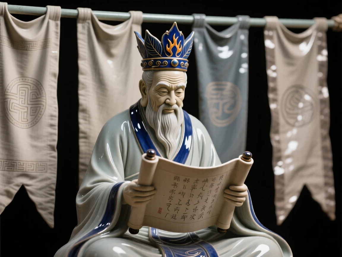 An ancient sage reading from a scroll posed regally beneath draping banners, crowned with symbolic ornamentation, conveying quiet authority and enduring legacy.