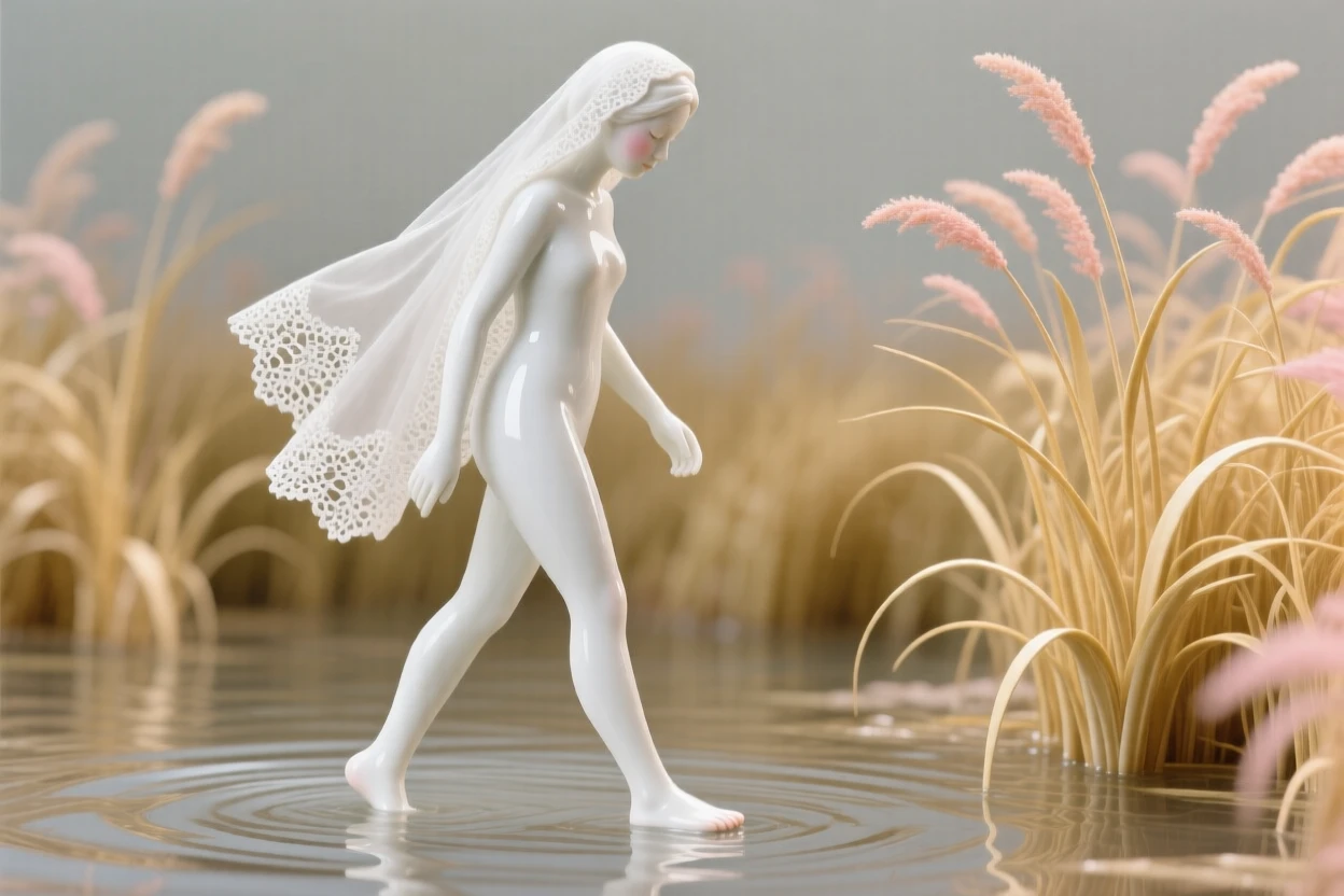 An artist walking barefoot through shallow water, wearing a delicate lace veil, her gaze lowered in quiet grace, set against a field of tall golden grass.