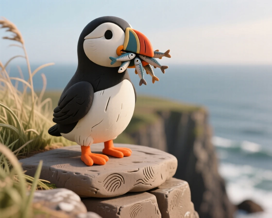 A puffin standing proudly on a windswept sea cliff, beak full of tiny fish