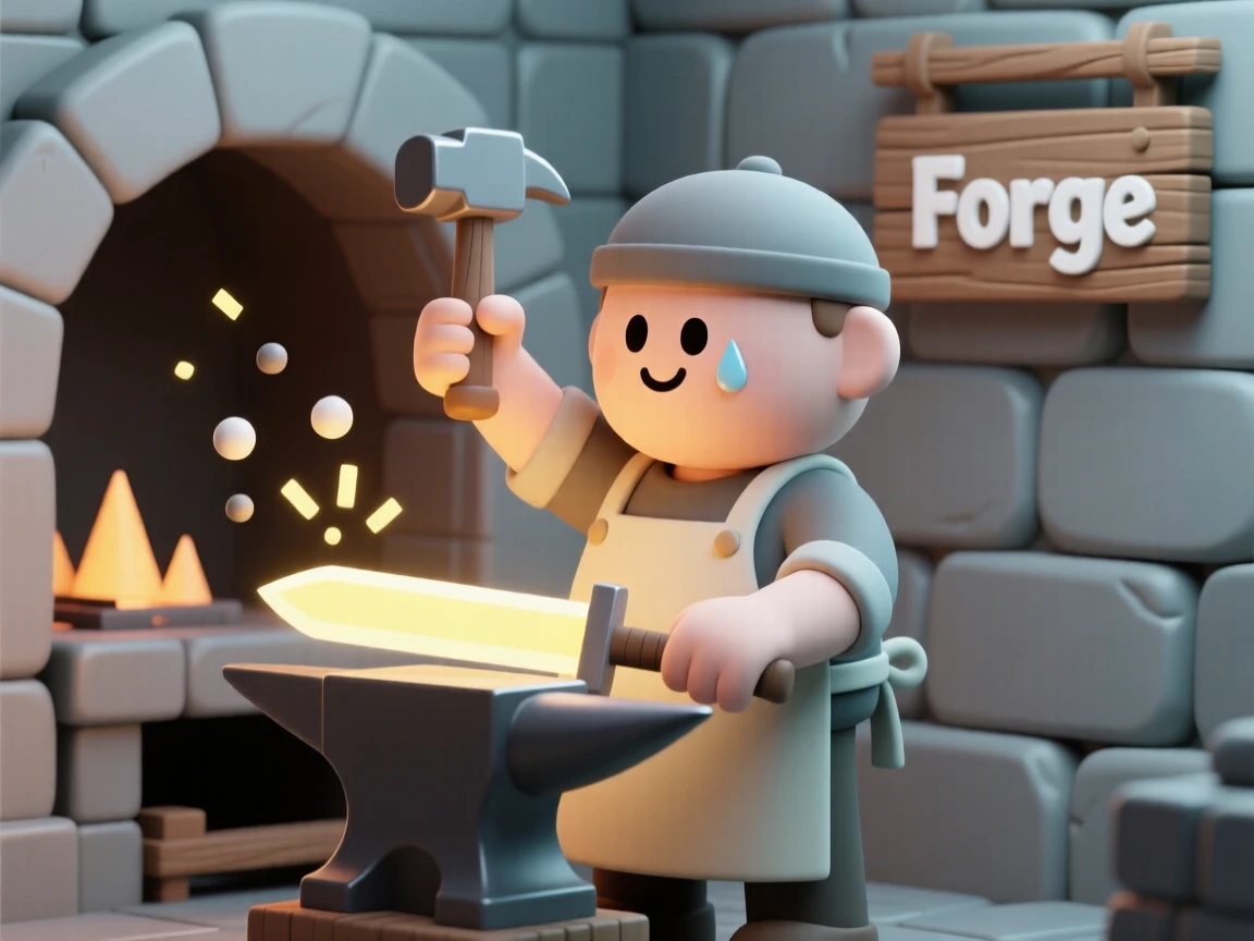 A medieval blacksmith hammers a glowing sword on an anvil, sparks flying as sweat drips from his brow inside a stone forge.
