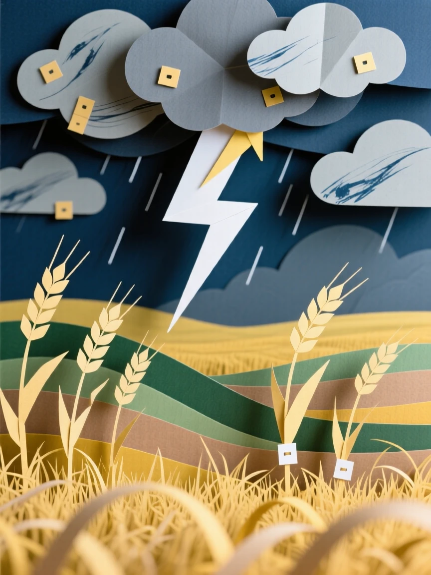 A dramatic thunderstorm rolling over open prairie grassland, lightning splitting the darkening sky, golden wheat bending in the wind below, capturing nature's raw energy and drama.