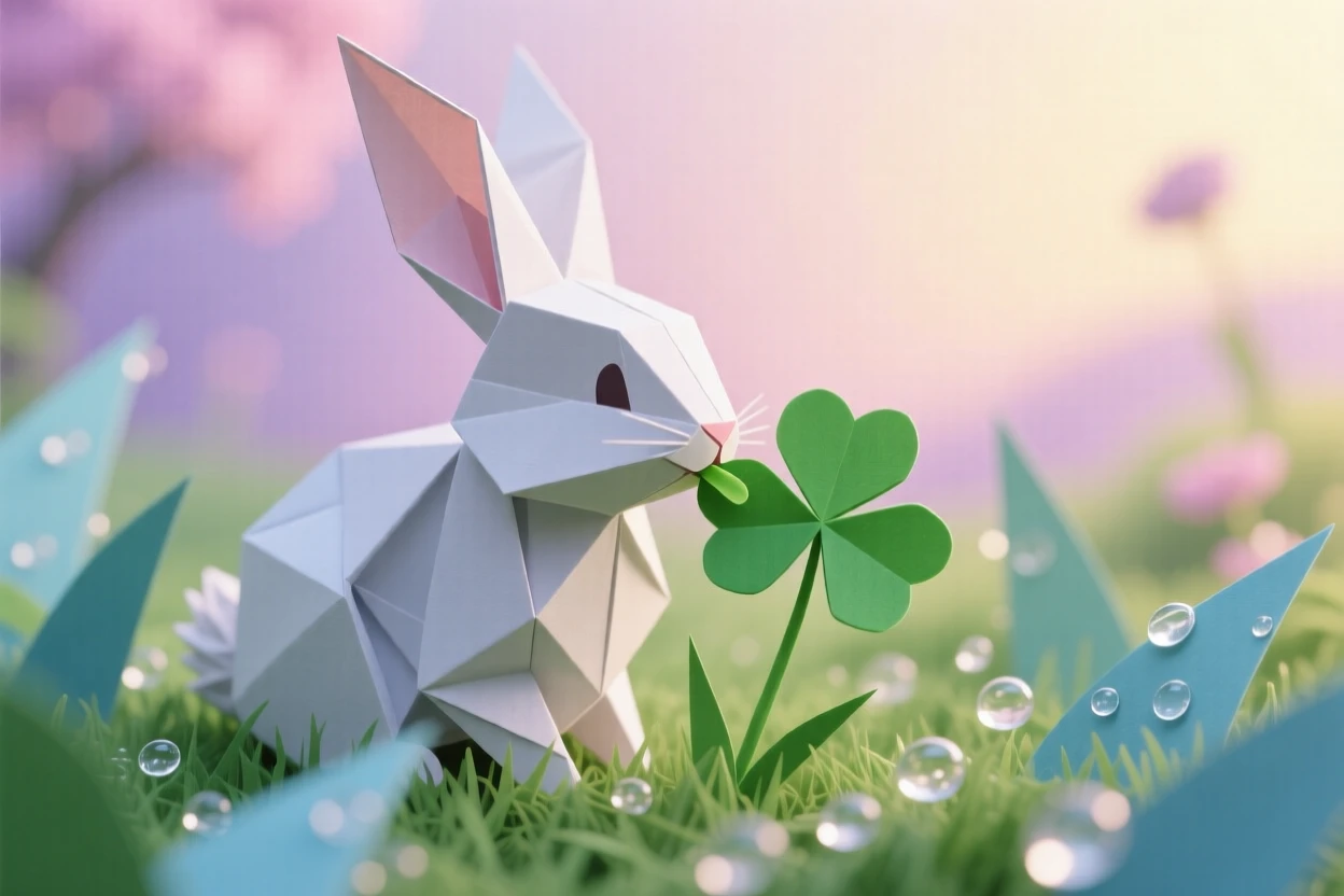 A fluffy bunny rabbit nibbling a clover in a garden at dawn, dew drops on the grass around it, soft focus background.
