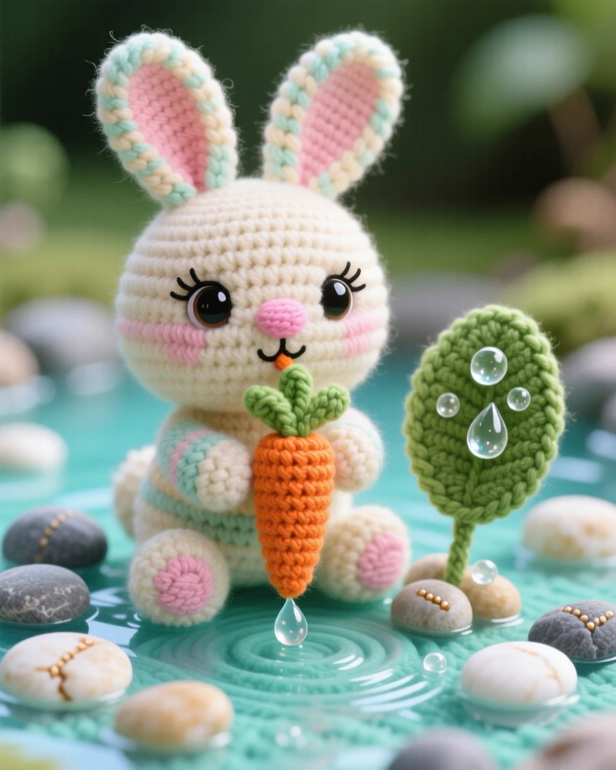 a round bunny with floppy ears with a twitching pink nose and soft fur is shown sitting on its haunches nibbling a carrot within a tide pool filled with smooth pebbles, accompanied by a cluster of dewdrops on a nearby leaf, capturing wide-eyed wonder at the world around it.