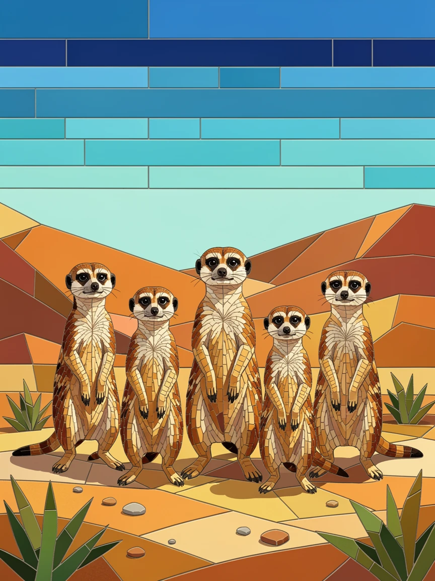 A group of meerkats standing alert in the desert sun.