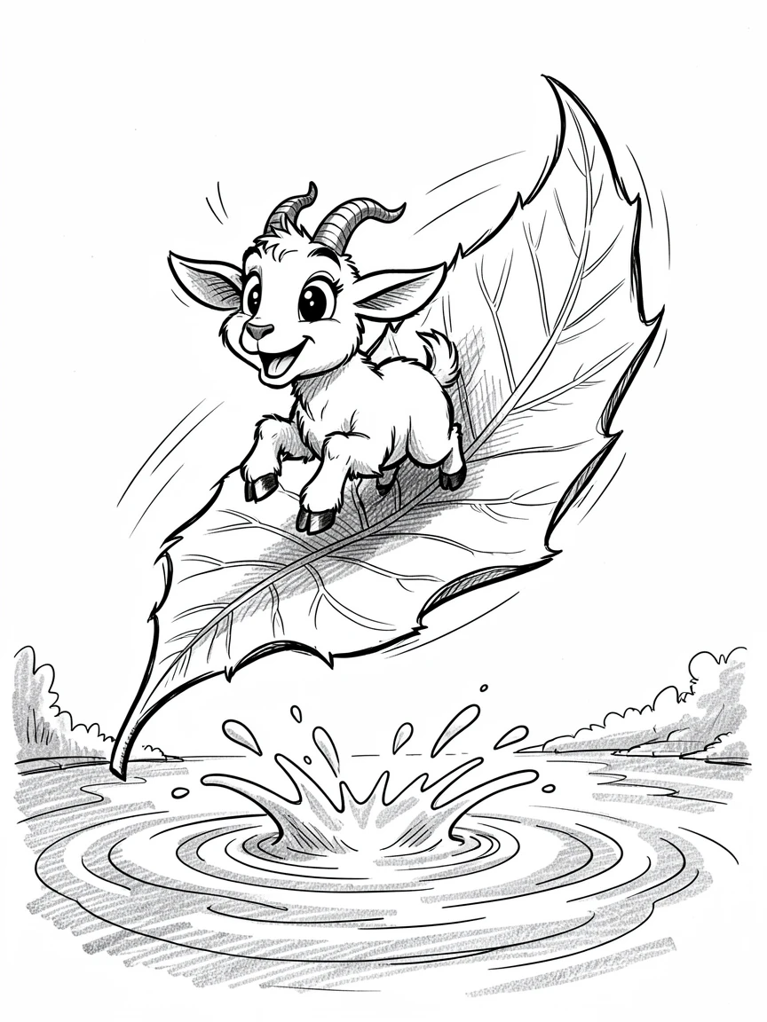 A baby goat mid-jump riding a leaf down a stream.