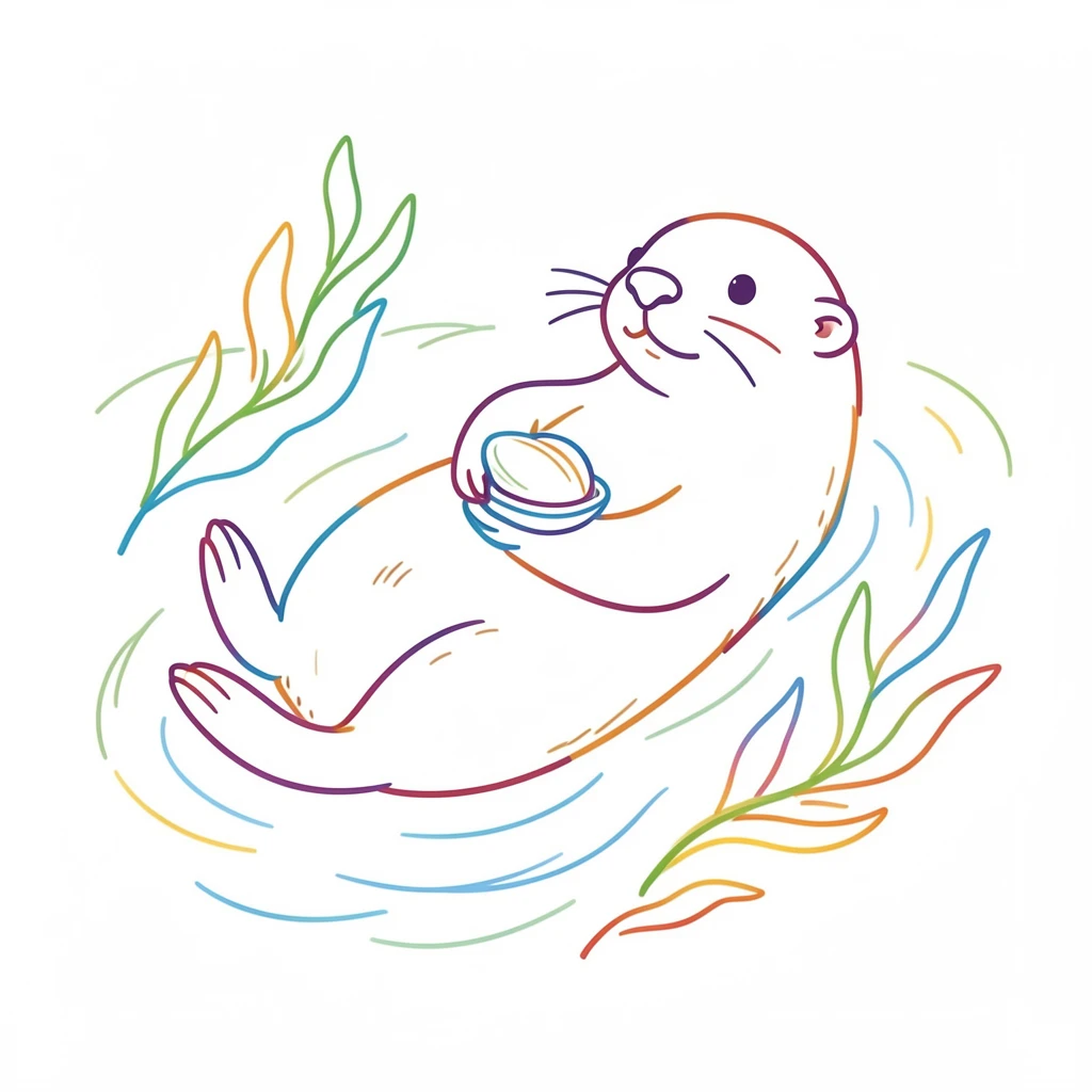 A sea otter floating on its back cradling a small clam against its chest, kelp strands drifting nearby.