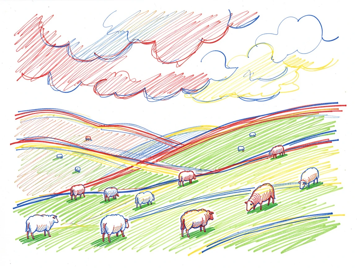 Rolling green hills dotted with grazing sheep beneath a dramatic cloudy sky