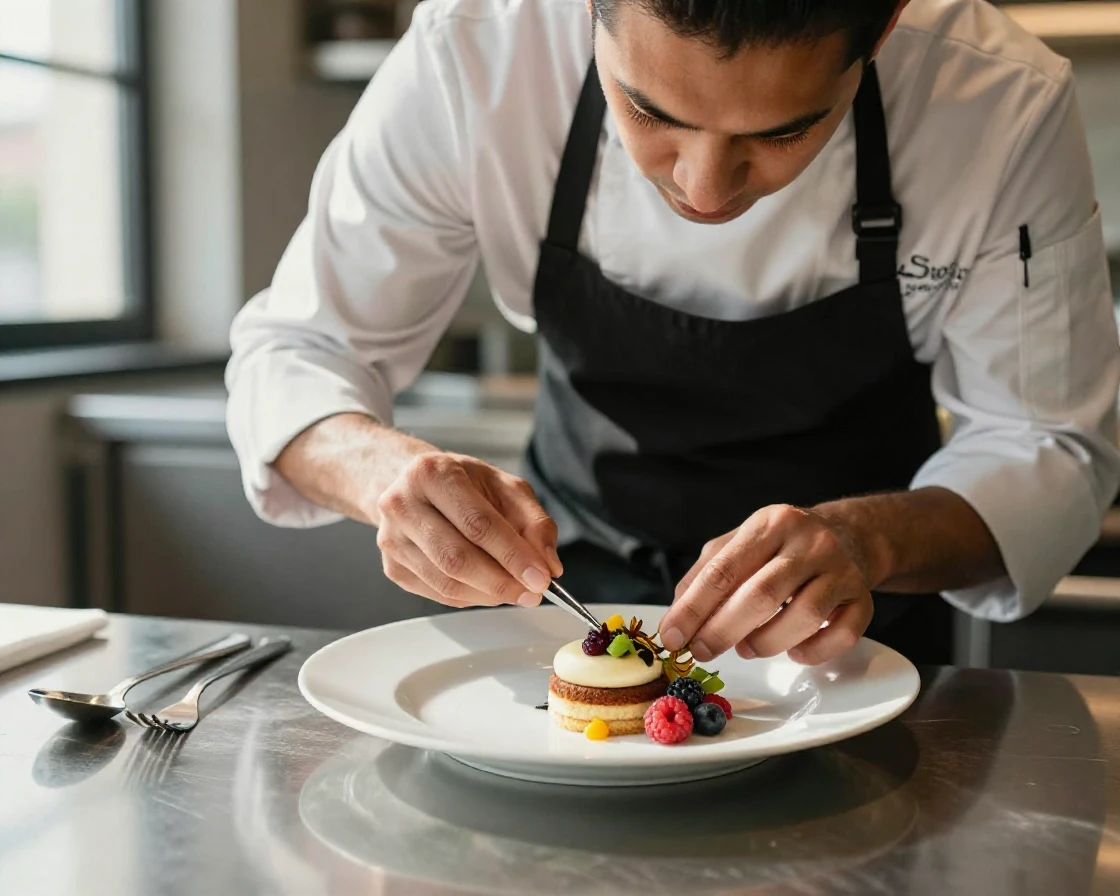 A chef plating a delicate dessert with tweezers