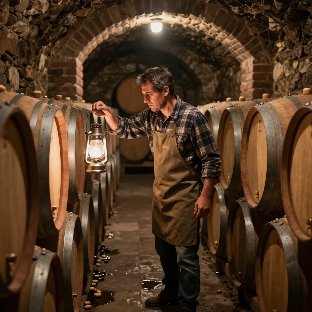 A wine cellar worker checks rows of aging barrels by lantern light.