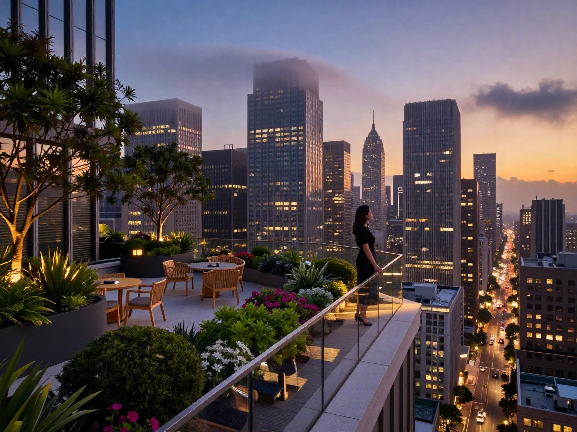 A modern rooftop garden overlooking a bustling city skyline at dusk