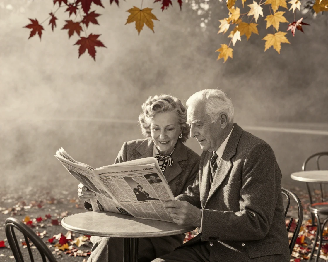 An elderly couple reading newspapers together at a café table, under soft golden-hour light, in thick rolling fog, as autumn leaves turn gold and red, with stark black-and-white contrast softened by a single warm hue, from a three-quarter angle.