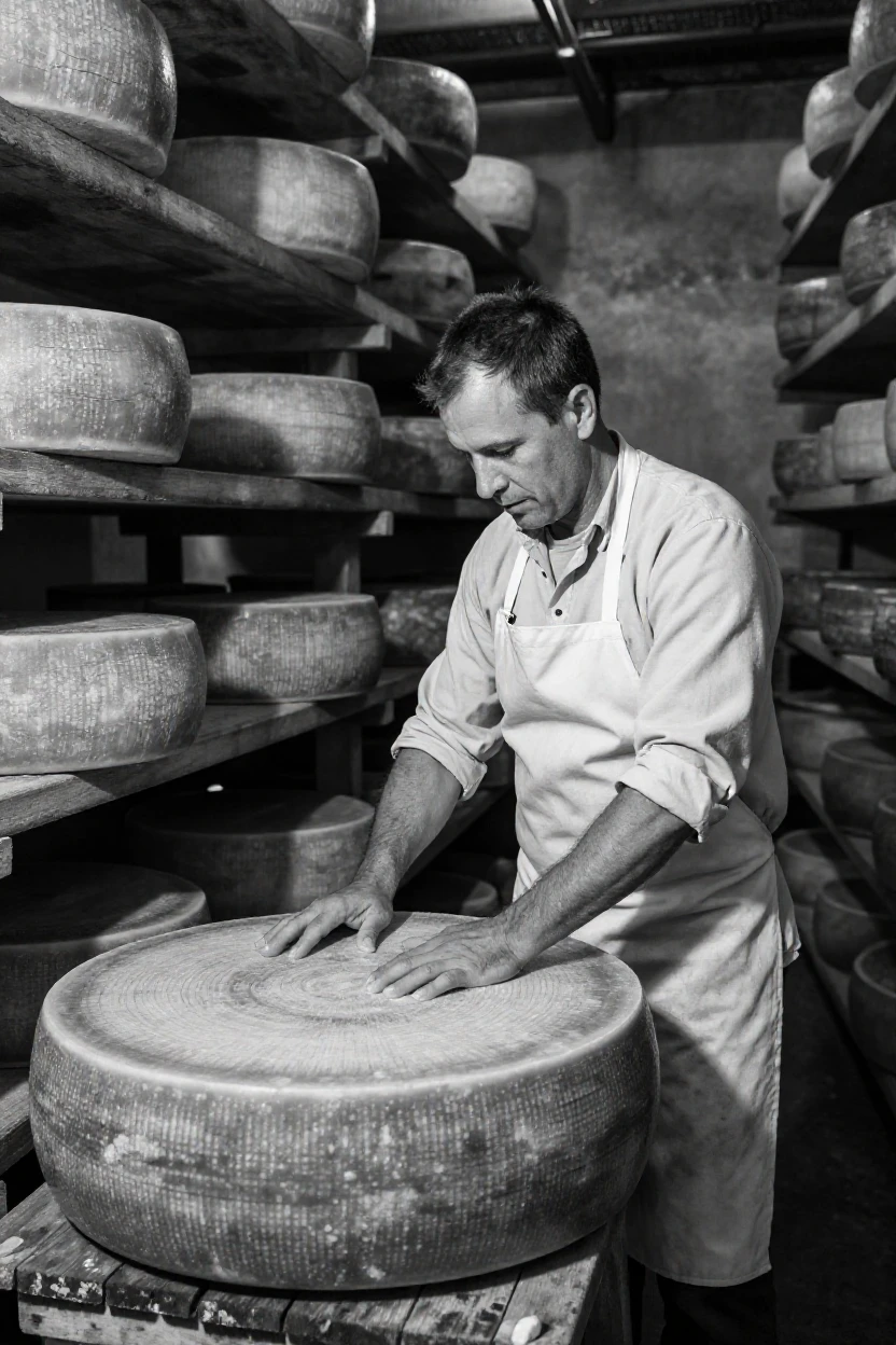 A cheesemaker turns wheels of aging cheese among rows of wooden shelves.