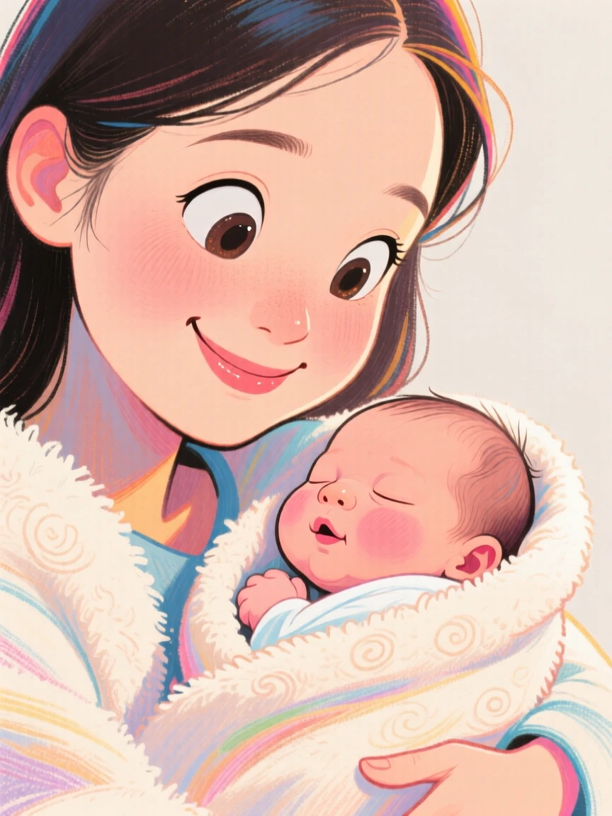 A young mother cradling her newborn baby wrapped in a soft blanket, gazing down with tender eyes.