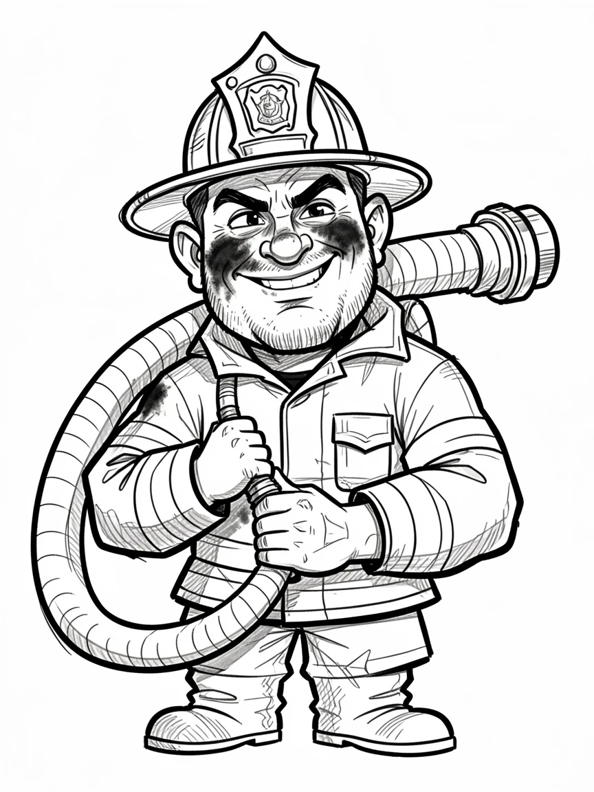 [People Portraits & Characters] Portrait of a bold firefighter carrying a hose with determination on his soot-streaked face, full of personality and charm