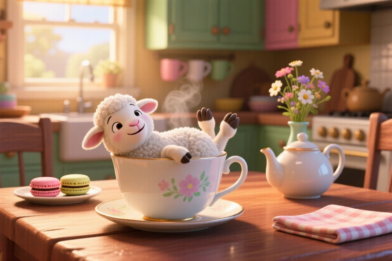 A fluffy lamb is tucked into a teacup on a kitchen table, rolling gently onto its back. A quiet, comforting sweetness surrounds the scene, with its whiskers twitching gently.