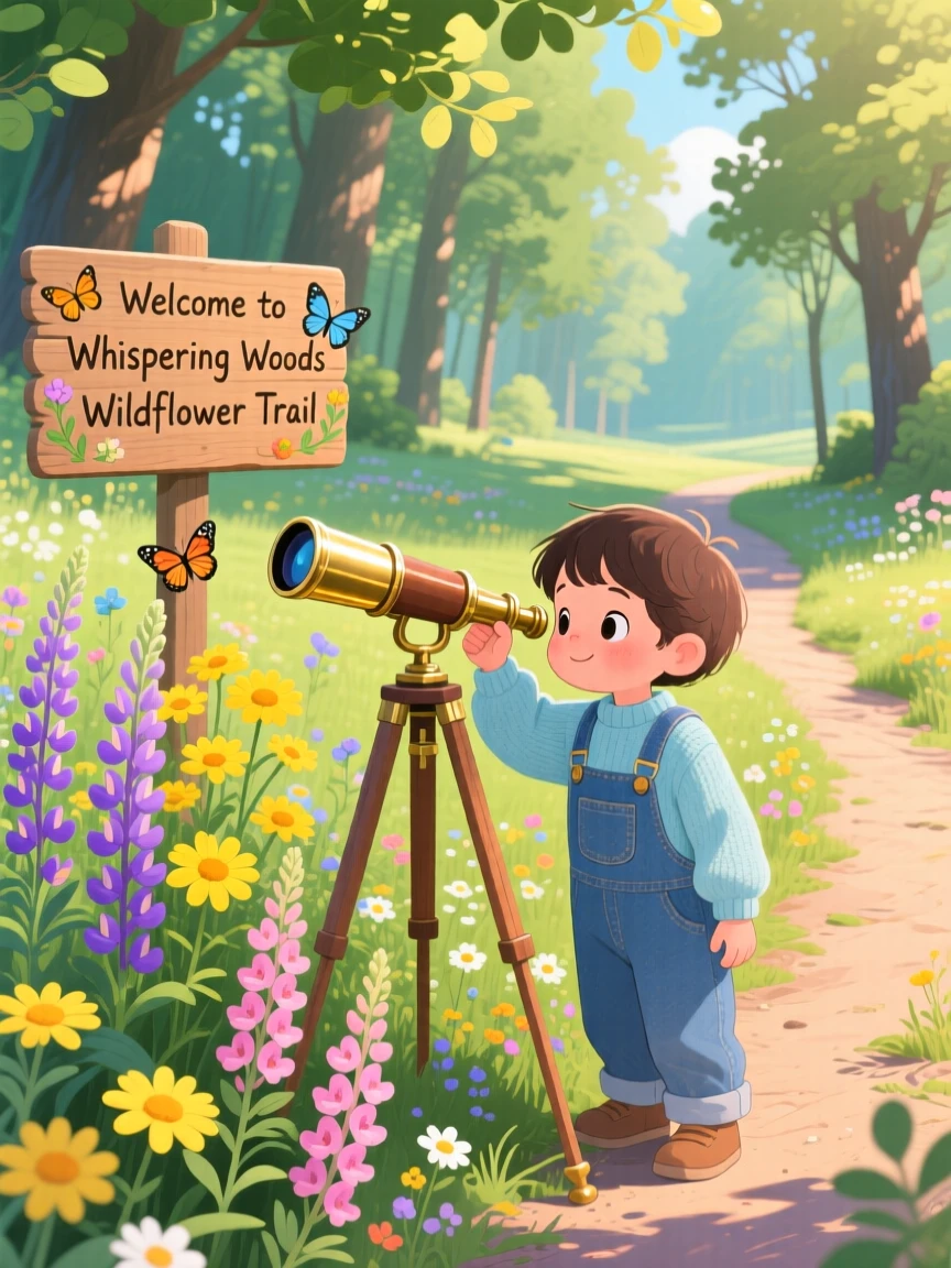 In a wildflower meadow, a young stargazer with a telescope is identifying wildflowers along a forest trail, as sunlight filters through the leaves.